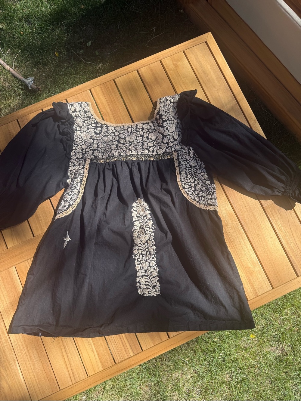 Mi Golondrina black Fernanda Blouse with Cream Floral Embroidery